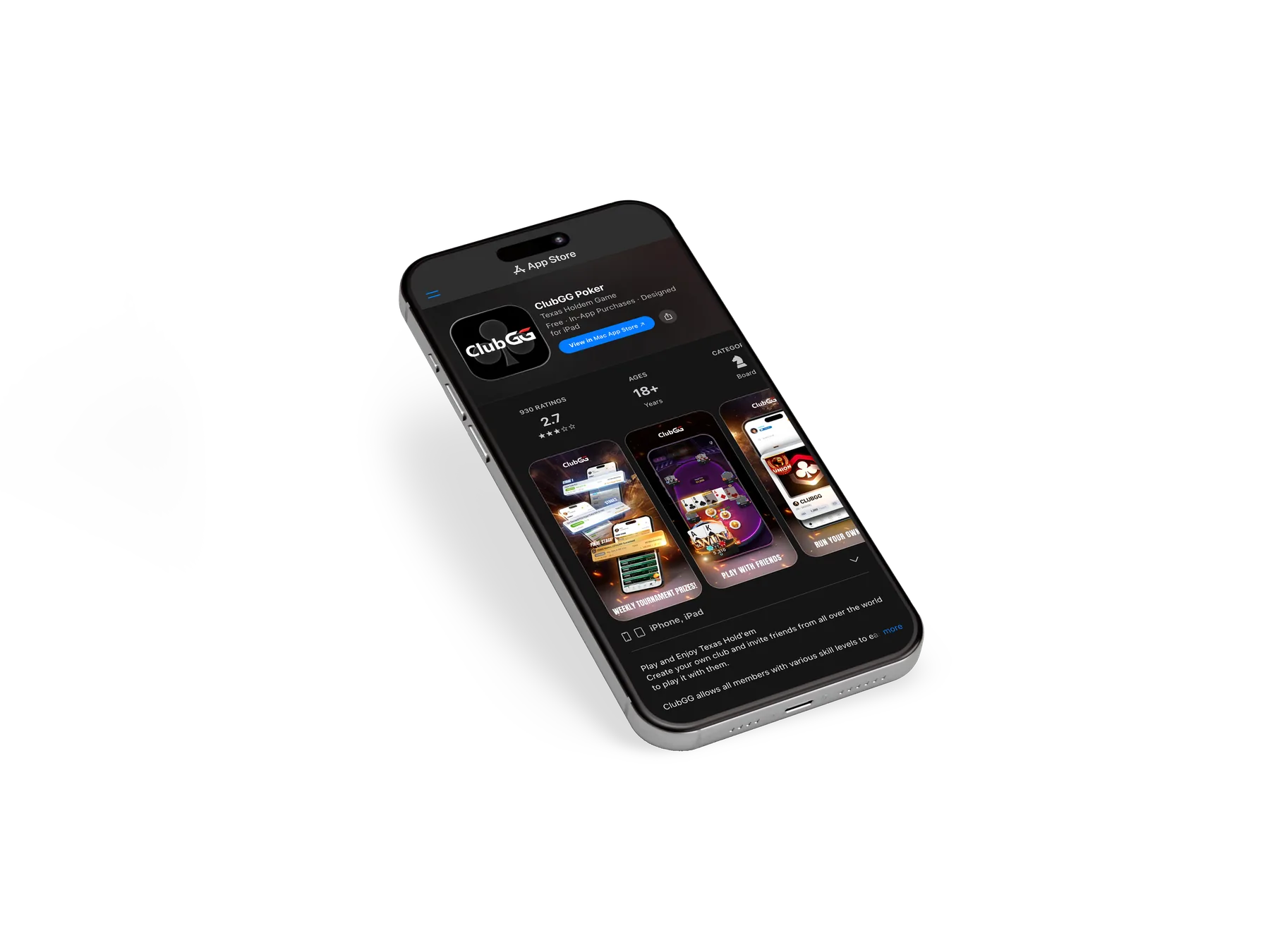 A phone displaying a poker app store listing