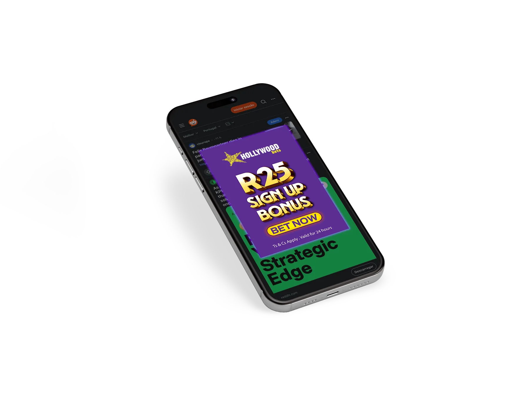 A phone displaying a Reddit feed with a sportsbook sign-up ad