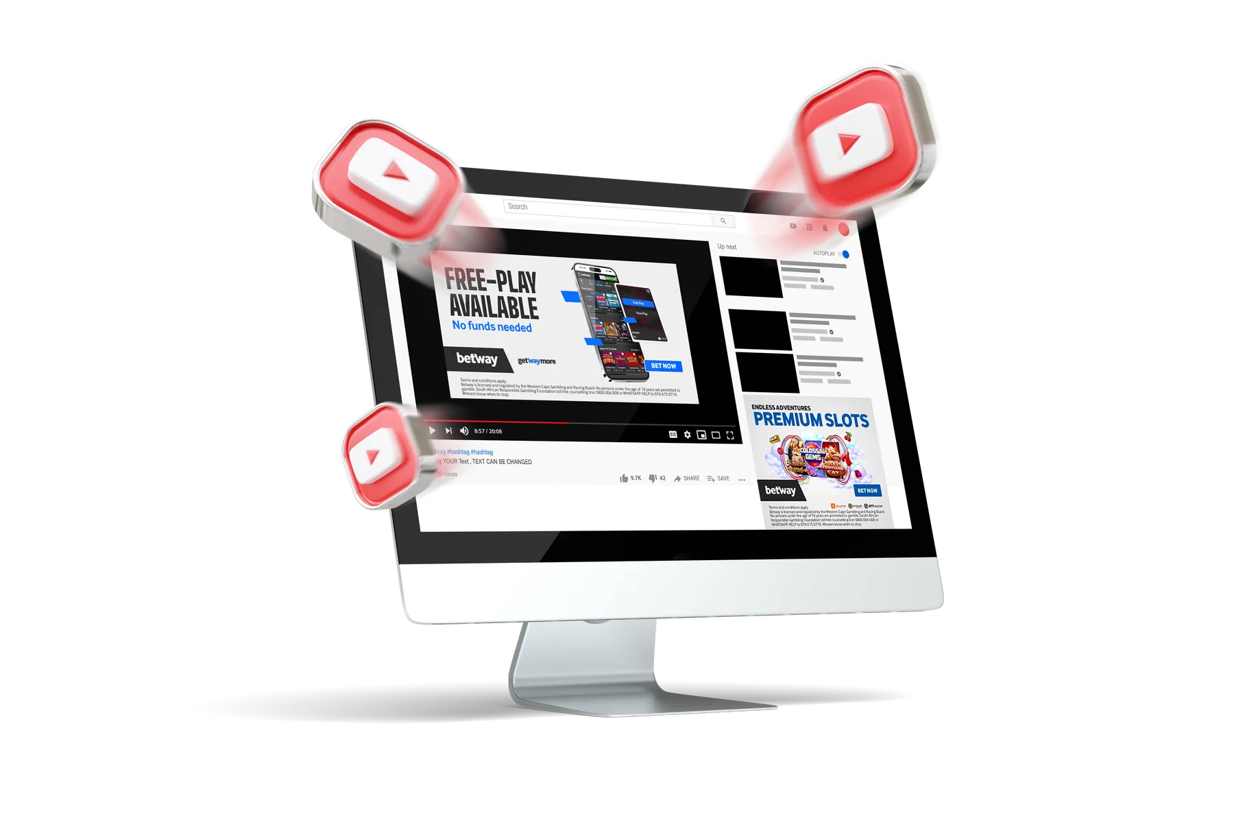 A desktop monitor displaying a YouTube video with a sportsbook pre-roll ad