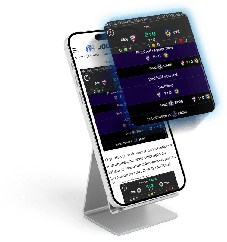 Two phones on a stand showing a live match hub with real-time scores and a prediction page