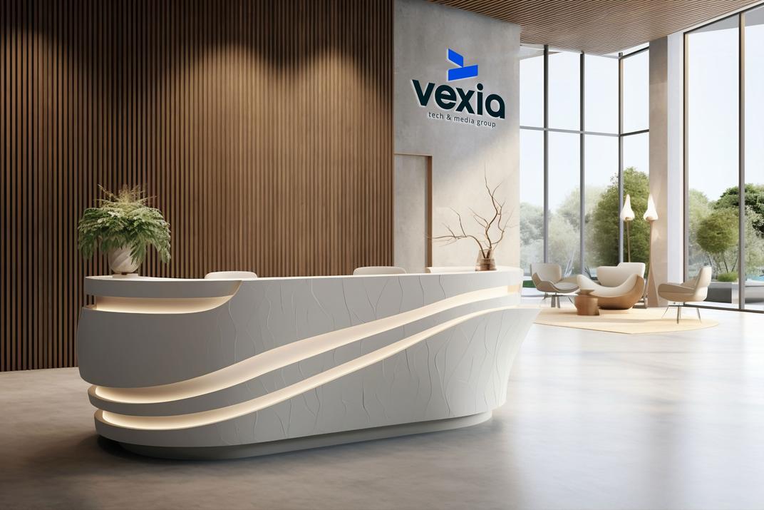 The Vexia office reception, branded with the Vexia logo