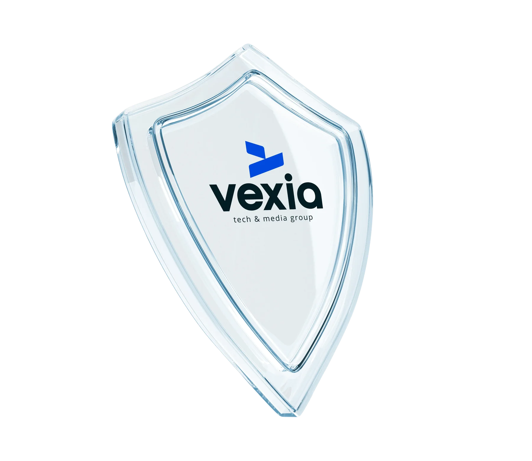 A transparent glass shield with the Vexia logo inside, representing brand protection and compliance