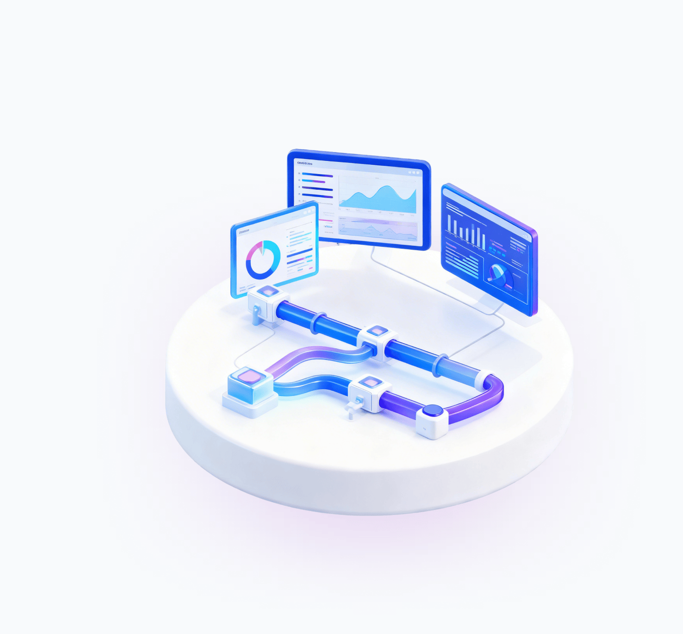 An isometric illustration of three dashboard screens connected by glowing data pipes on a circular platform