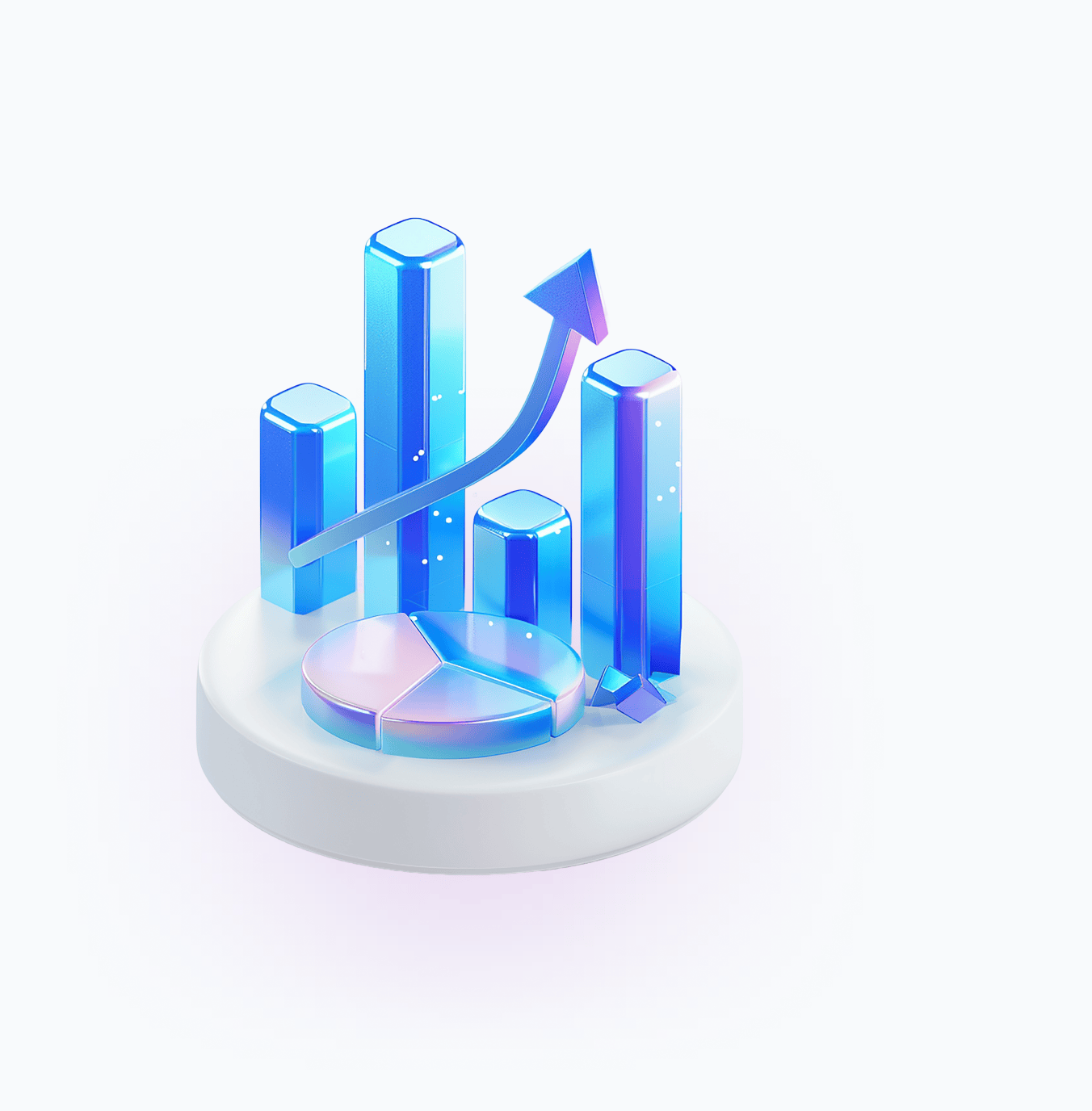 An isometric illustration of a bar chart, pie chart and an upward growth arrow on a circular platform
